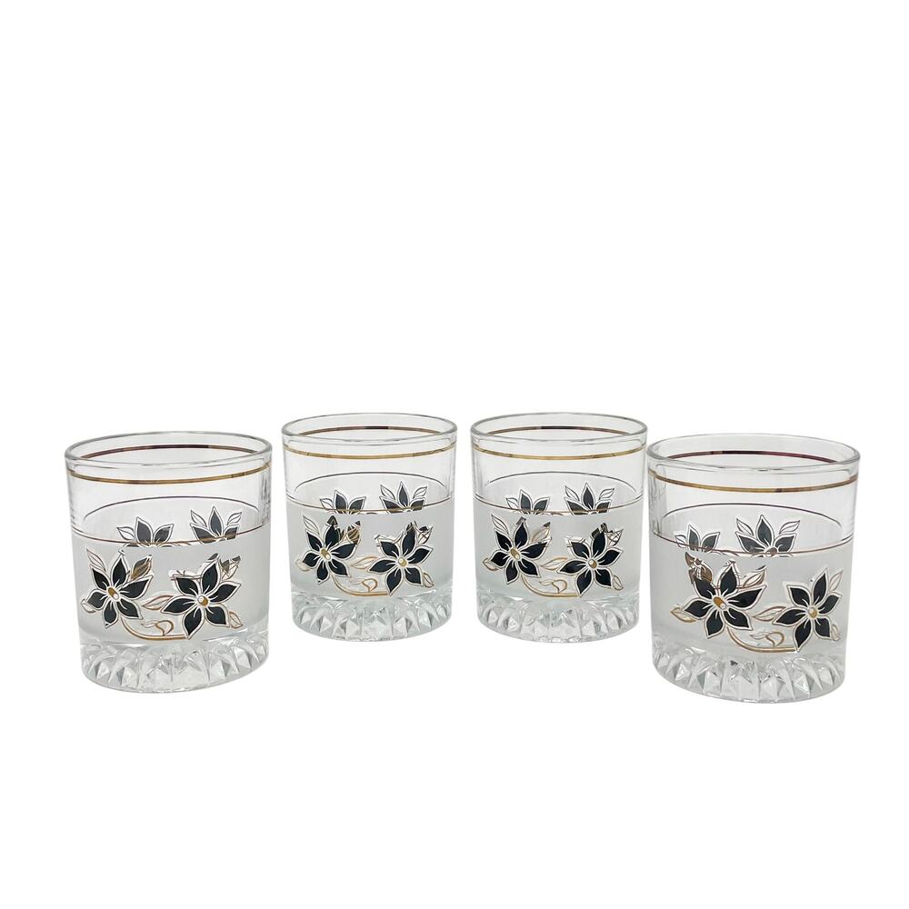 Vintage Decover Italy Black Gold Floral Barware Low Ball Whiskey Glass Set of 4